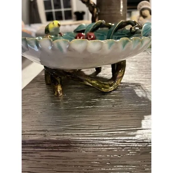 Majolica Pottery Footed Green Cabbage Leaf Bowl w/ Bird & Cherries EUC